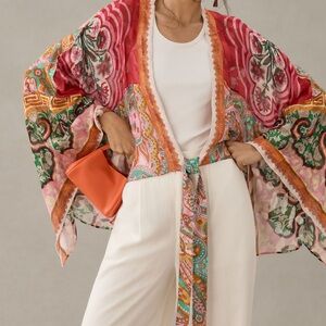 Printed Shine Tie Front Kimono